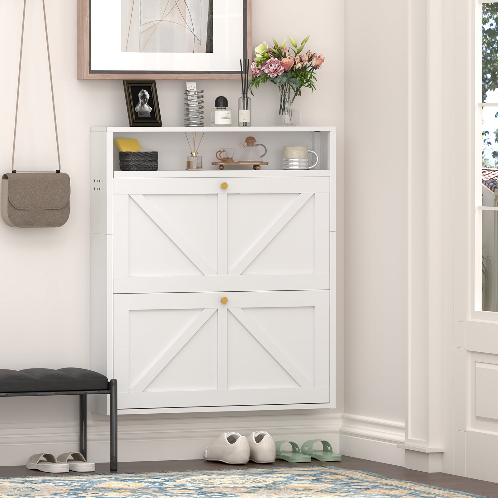 Aisword Modern Metal Shoe Cabinet with 2 Flip Drawers & Open Shelf,Narrow Slim Wall-Mounted Hidden Shoe Organizer Shoe Rack for Entryway,White