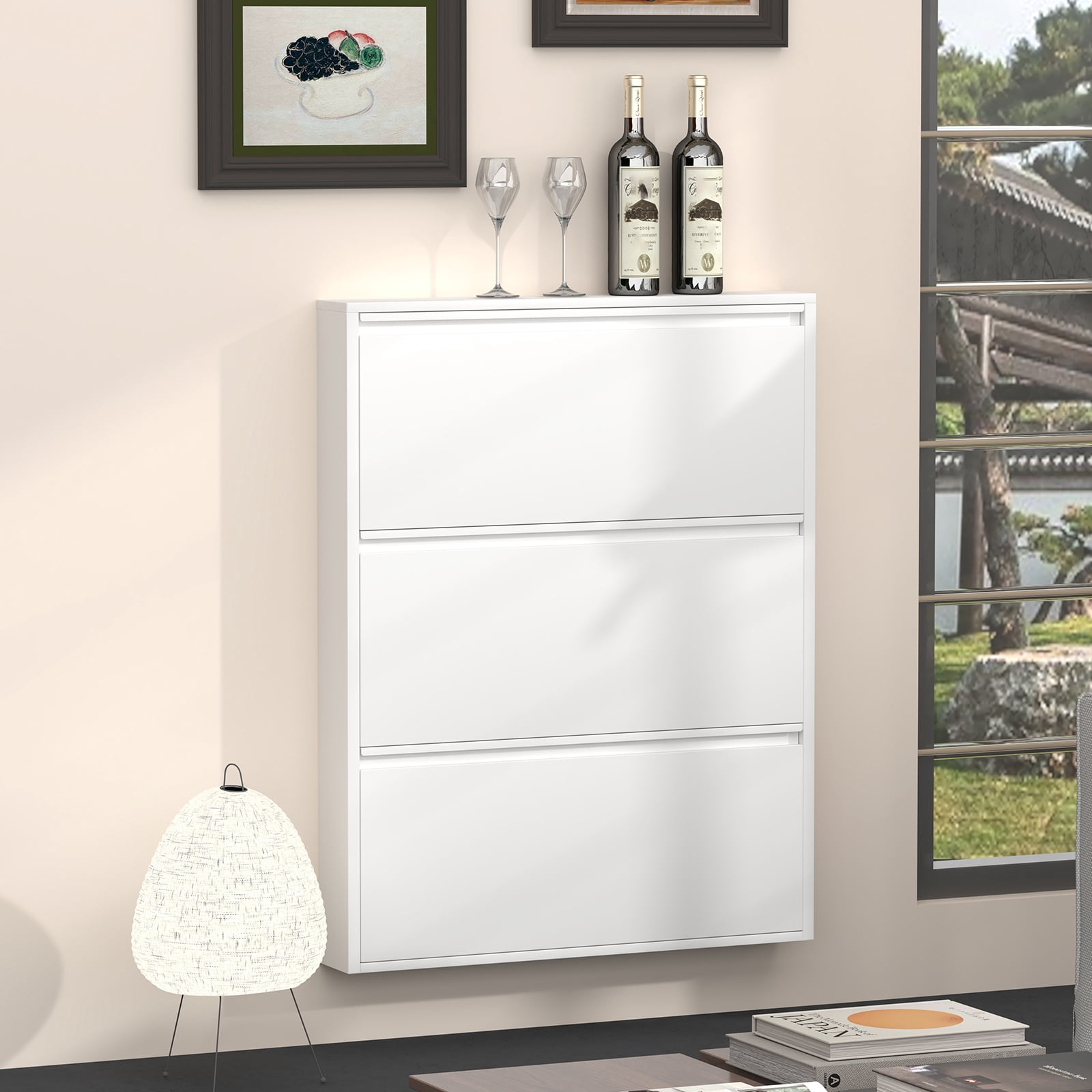 Aisword Modern Metal Shoe Cabinet with 3 Flip Drawers,Narrow Slim Wall-Mounted Hidden Shoe Organizer Shoe Rack for Entryway,White