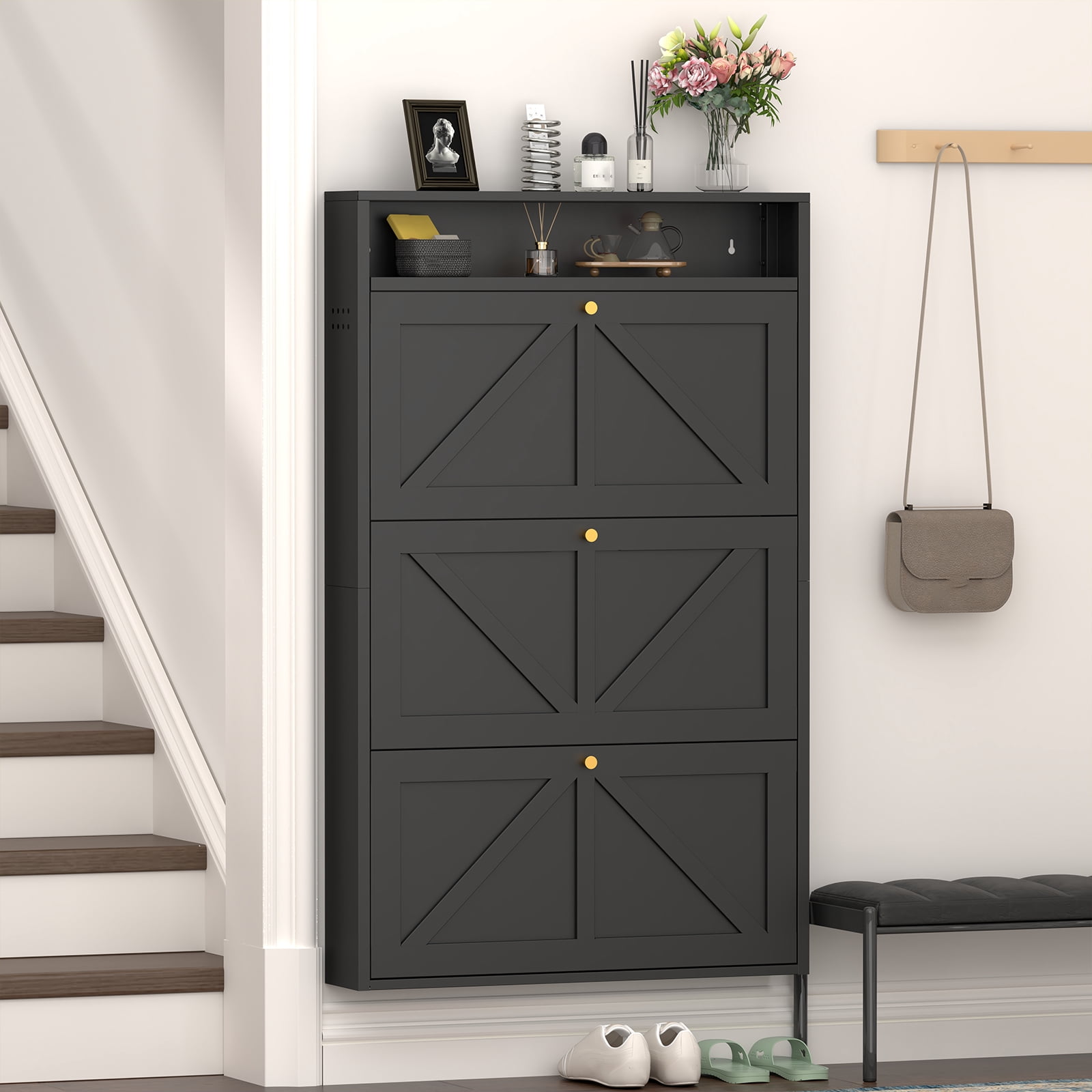 Aisword Modern Metal Shoe Cabinet with 3 Flip Drawers & Open Shelf,Narrow Slim Wall-Mounted Hidden Shoe Organizer Shoe Rack for Entryway,Black