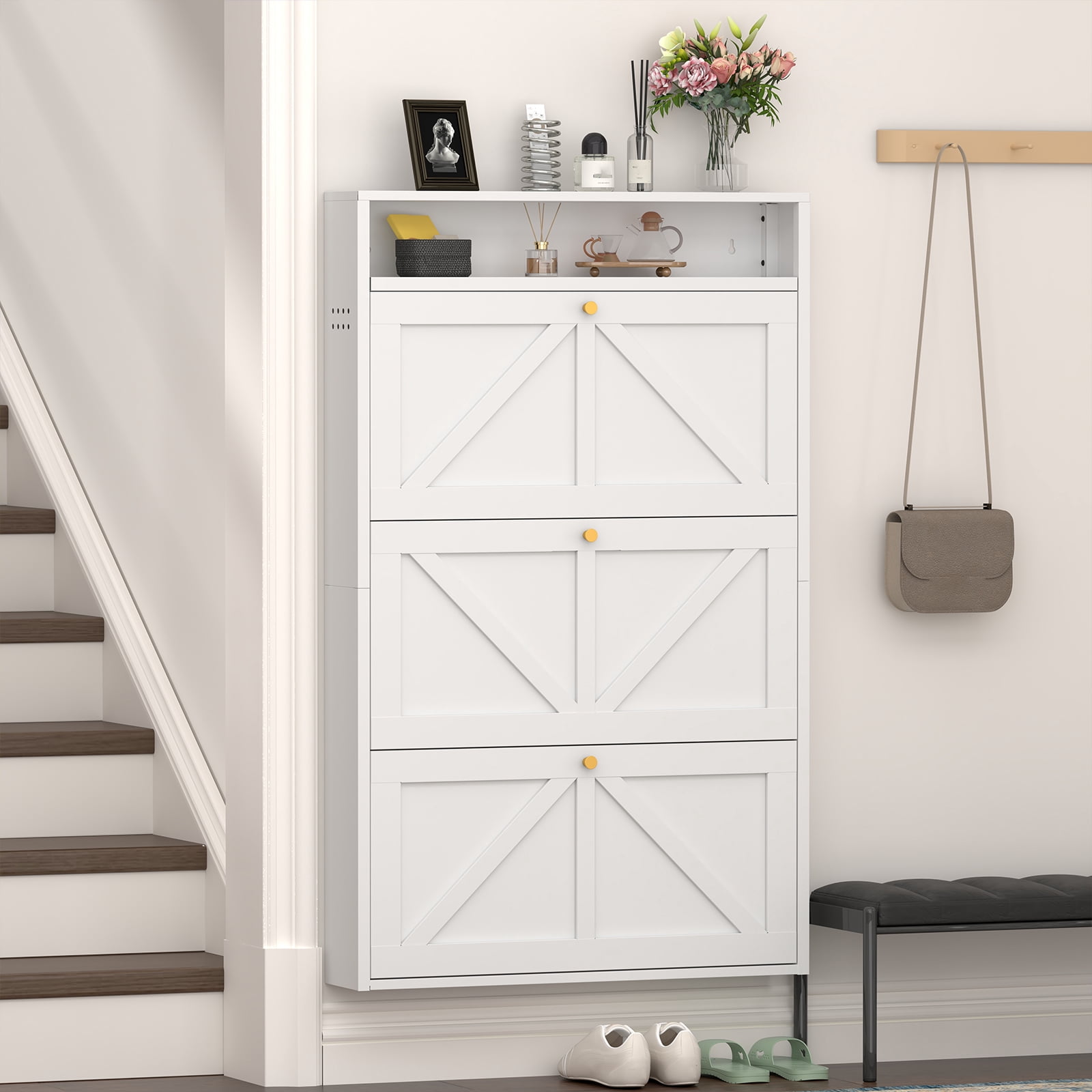 Aisword Modern Metal Shoe Cabinet with 3 Flip Drawers & Open Shelf,Narrow Slim Wall-Mounted Hidden Shoe Organizer Shoe Rack for Entryway,White