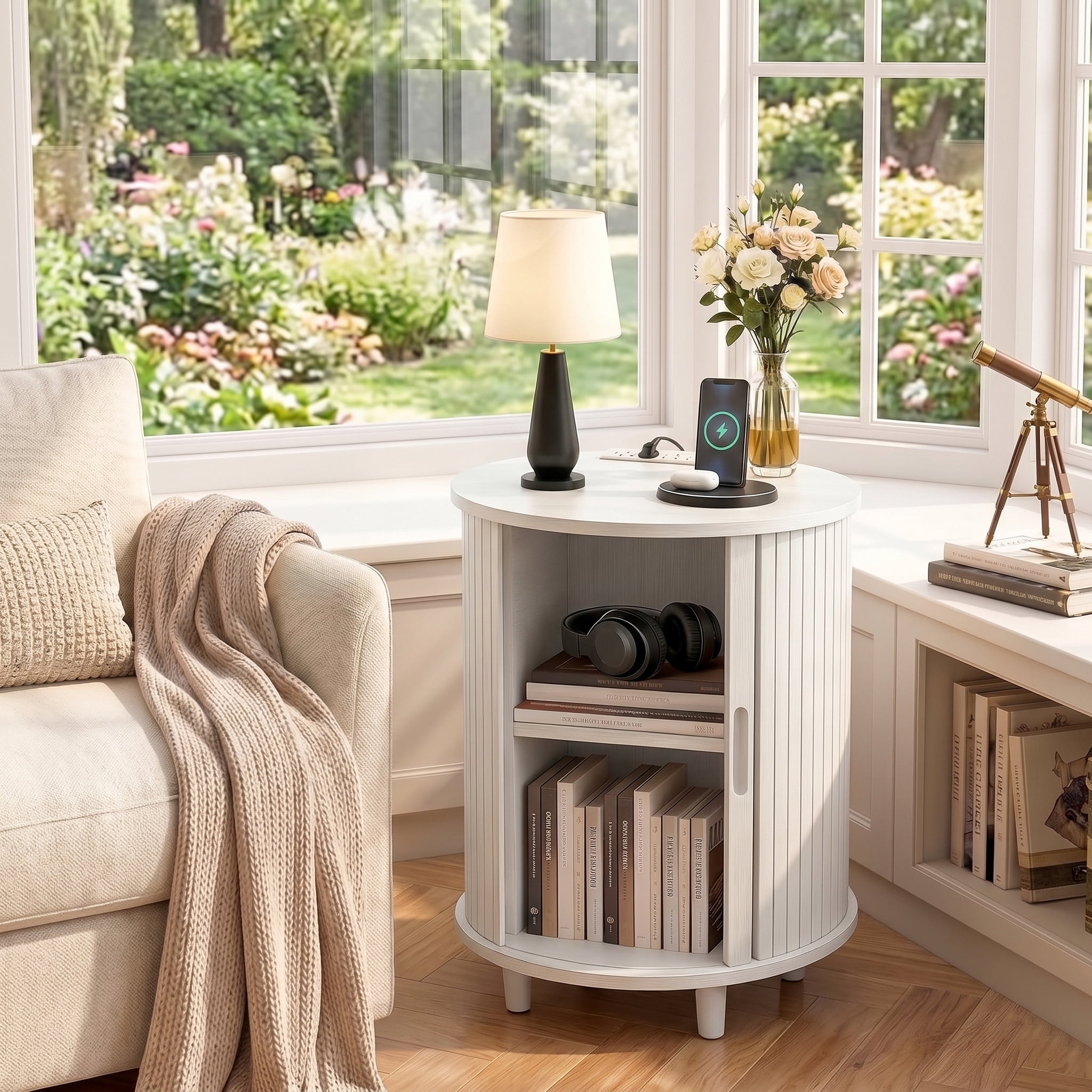 AISWORD Round End Table with Charging Station, Fluted Accent Side Table with Sliding Door and Adjustable Shelf, Nightstand for Small Space, White