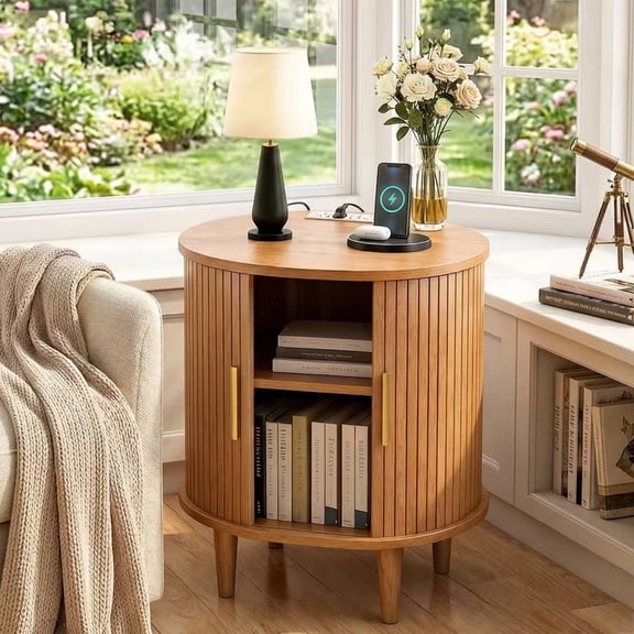 Aisword Nightstand with Charging Station, Fluted Accent Side Table with Sliding Door and Adjustable Shelf, End Table for Small Space, Yellow