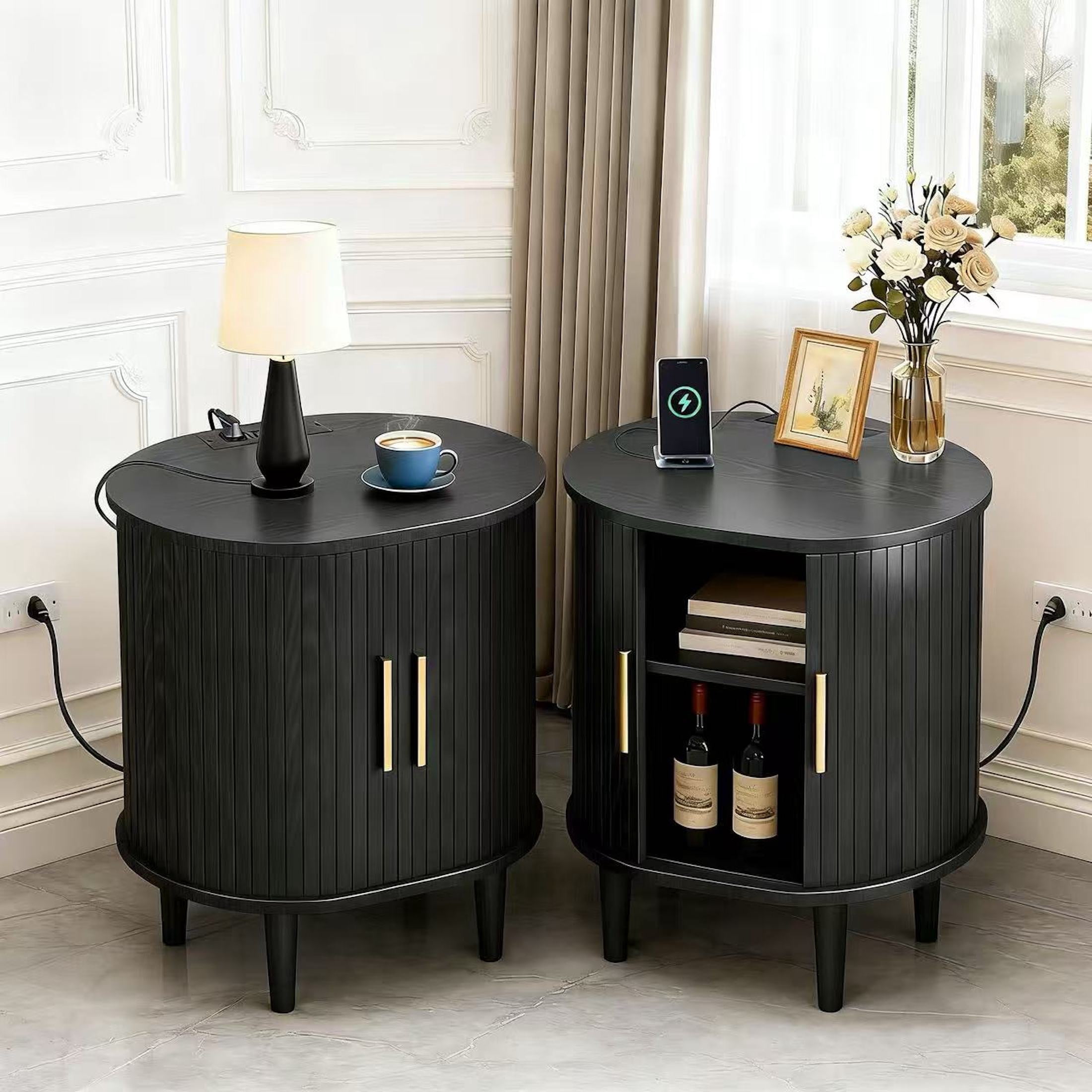 Aisword Nightstand Set of 2 with Charging Station, Fluted Accent Side Table with Sliding Door and Adjustable Shelf, End Table for Small Space, Black