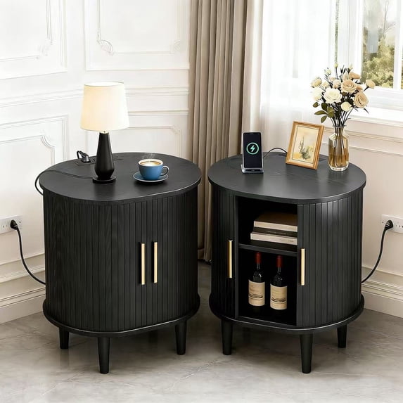 Aisword Nightstand Set of 2 with Charging Station, Fluted Accent Side Table with Sliding Door and Adjustable Shelf, End Table for Small Space, Black