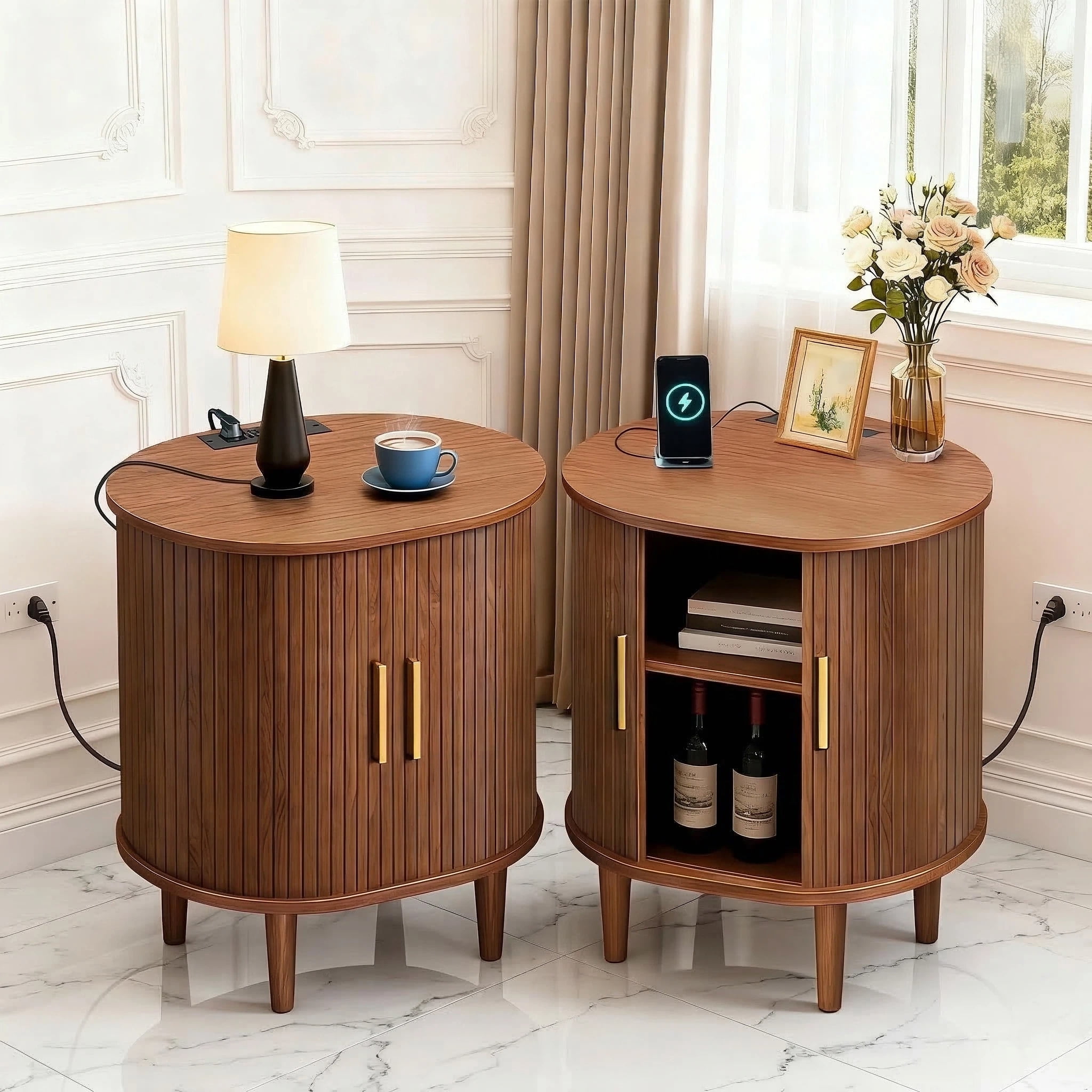Aisword Nightstand Set of 2 with Charging Station, Fluted Accent Side Table with Sliding Door and Adjustable Shelf, End Table for Small Space, Walnut