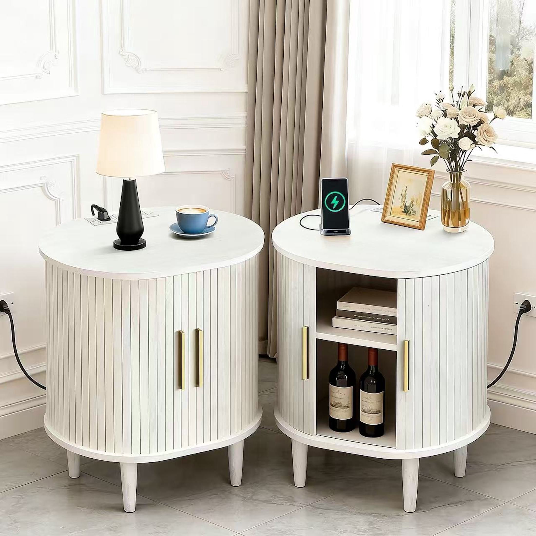 Aisword Nightstand Set of 2 with Charging Station, Fluted Accent Side Table with Sliding Door and Adjustable Shelf, End Table for Small Space, White