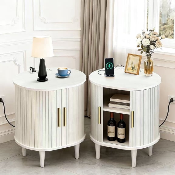 Aisword Nightstand Set of 2 with Charging Station, Fluted Accent Side Table with Sliding Door and Adjustable Shelf, End Table for Small Space, White