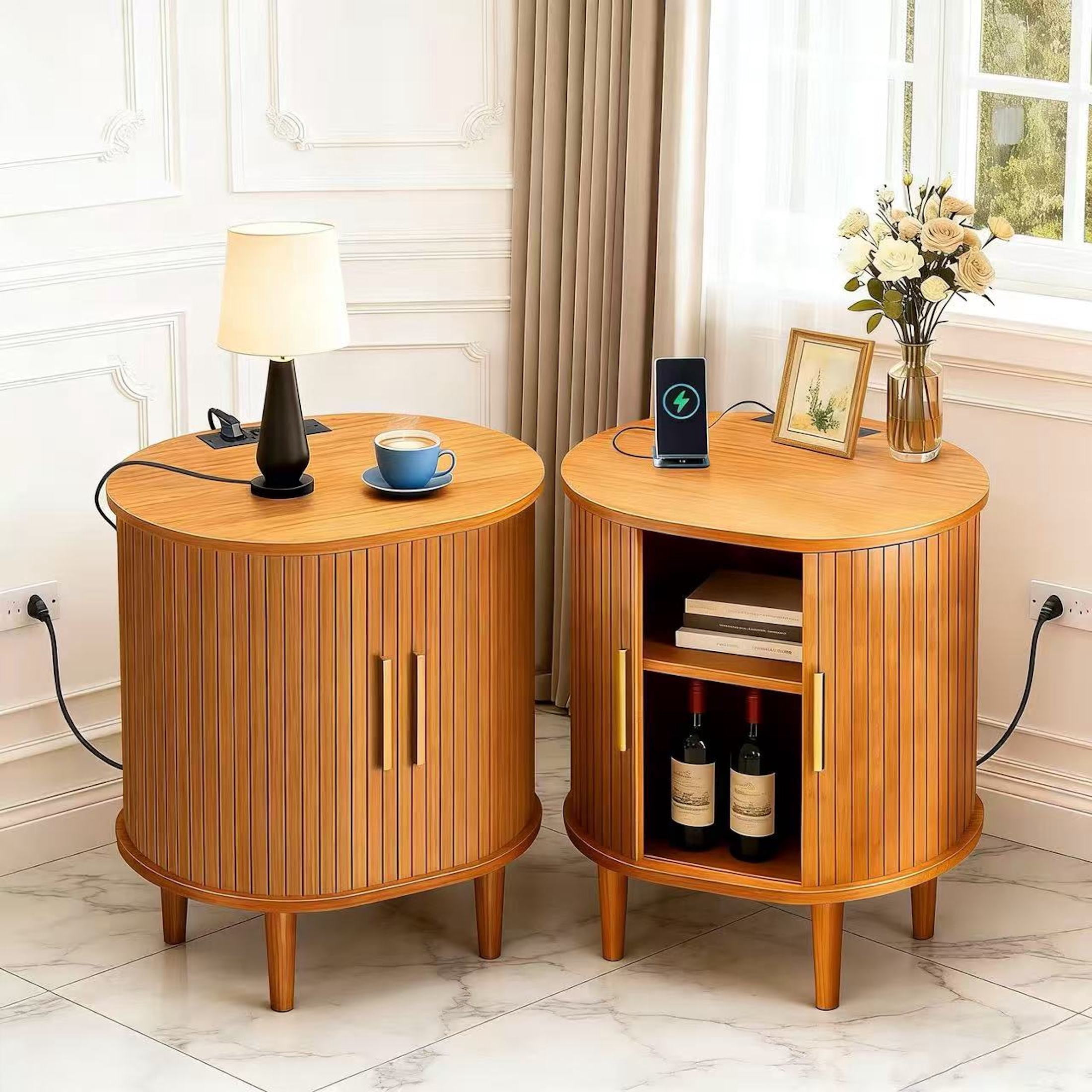 Aisword Nightstand Set of 2 with Charging Station, Fluted Accent Side Table with Sliding Door and Adjustable Shelf, End Table for Small Space, Yellow