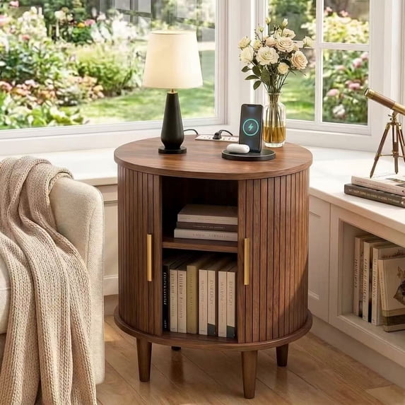 Aisword Nightstand with Charging Station, Fluted Accent Side Table with Sliding Door and Adjustable Shelf, End Table for Small Space, Walnut