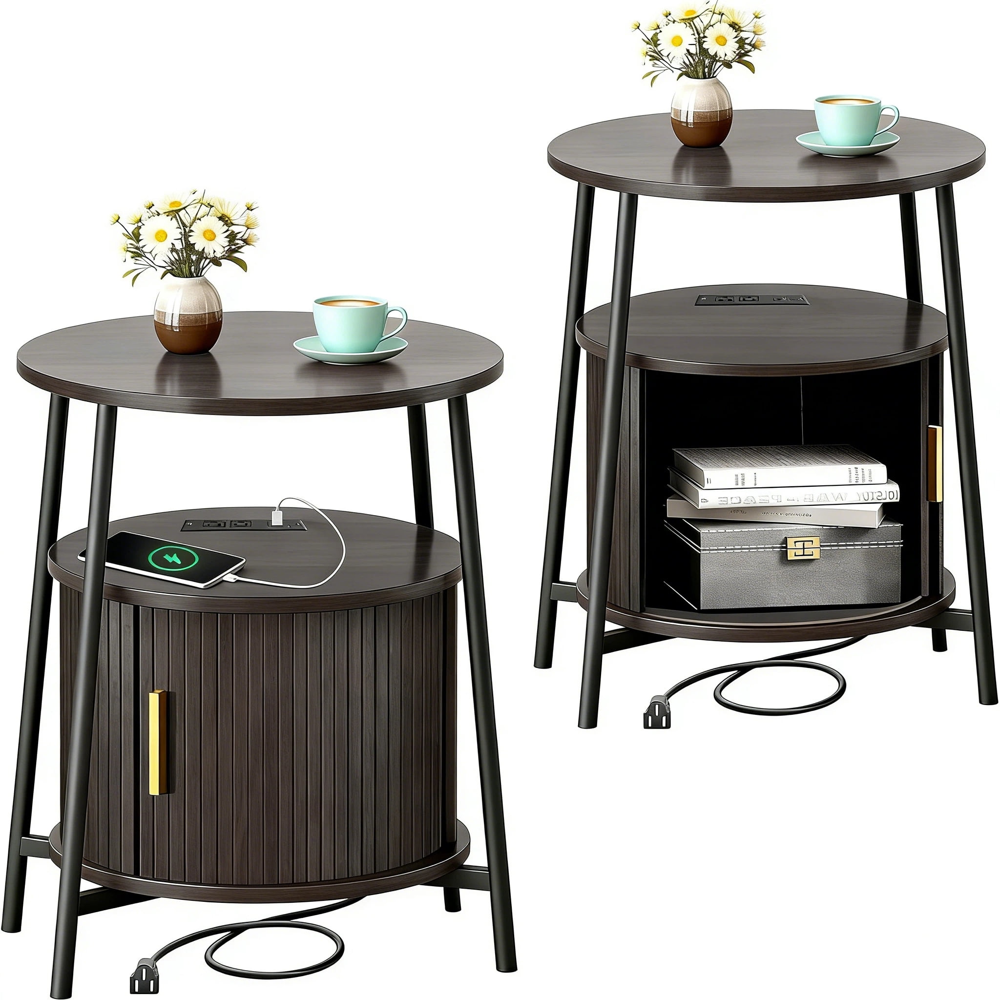 AISWORD Nightstand with Charging Station, Modern Round Bedside Table with Sliding Door Storage, Brown, 2 Pack