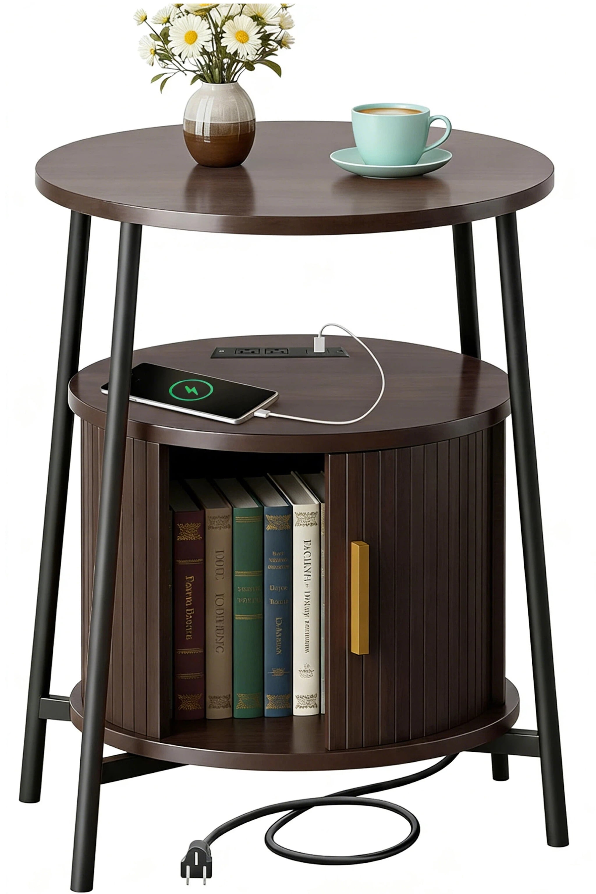 AISWORD Nightstand with Charging Station, Modern Round Bedside Table with Sliding Door Storage, Brown