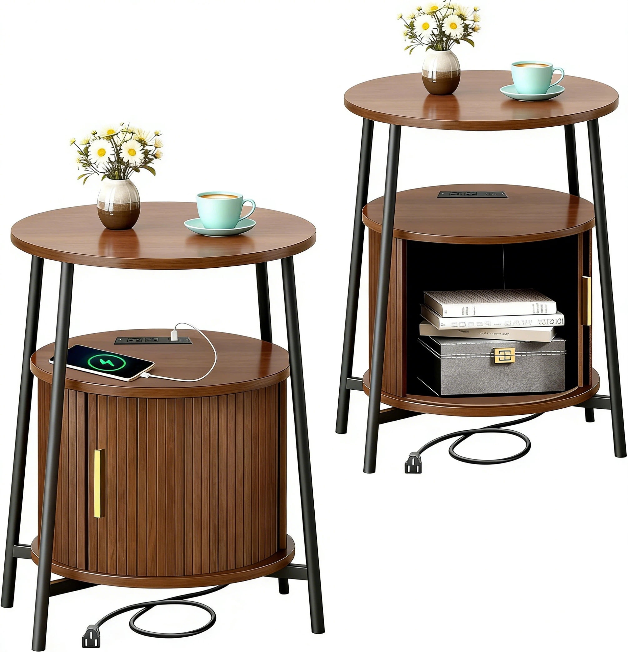 AISWORD Nightstand with Charging Station, Modern Round Bedside Table with Sliding Door Storage, Walnut, 2 Pack