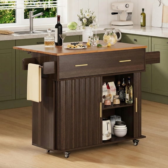 Aisword Rolling Kitchen Island with Drop Leaf Countertop, Mobile Kitchen Cart on Wheels, Sliding Door, Drawers, Spice Rack & 2-Tier Storage, Brown
