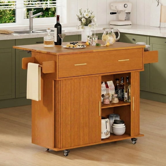Aisword Rolling Kitchen Island with Drop Leaf Countertop, Mobile Kitchen Cart on Wheels, Sliding Door, Drawers, Spice Rack & 2-Tier Storage, Yellow
