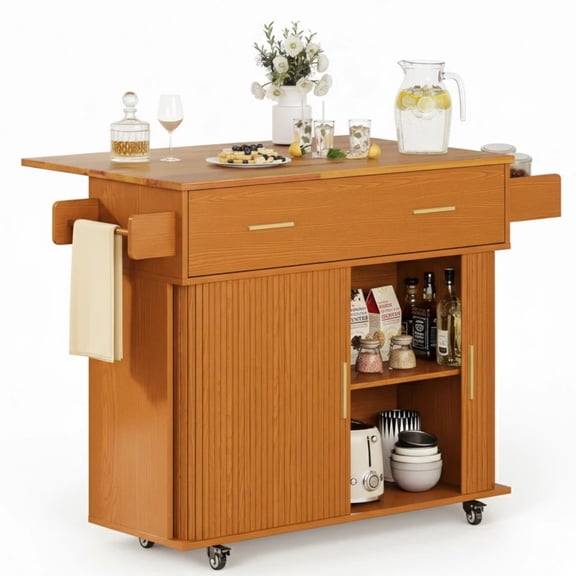 Aisword Rolling Kitchen Island with Drop Leaf, Sliding Door, Drawers & Spice Rack, Yellow
