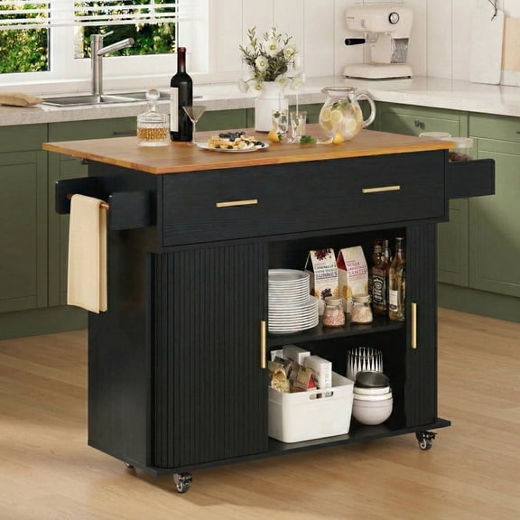 AISWORD Rolling Kitchen Island with Drop Leaf, Sliding Door, Drawers & Spice Rack, Black
