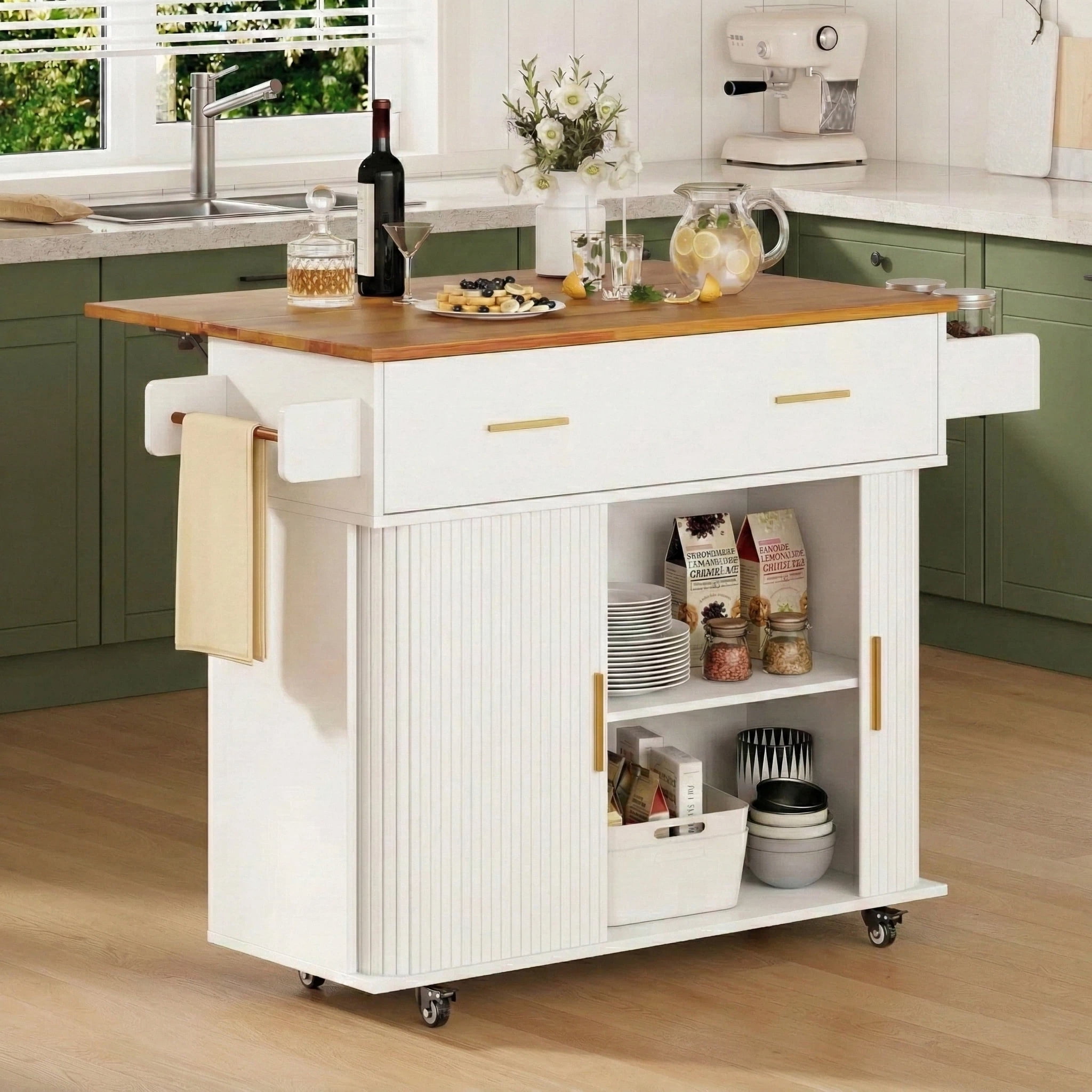 AISWORD Rolling Kitchen Island with Drop Leaf, Sliding Door, Drawers & Spice Rack, White