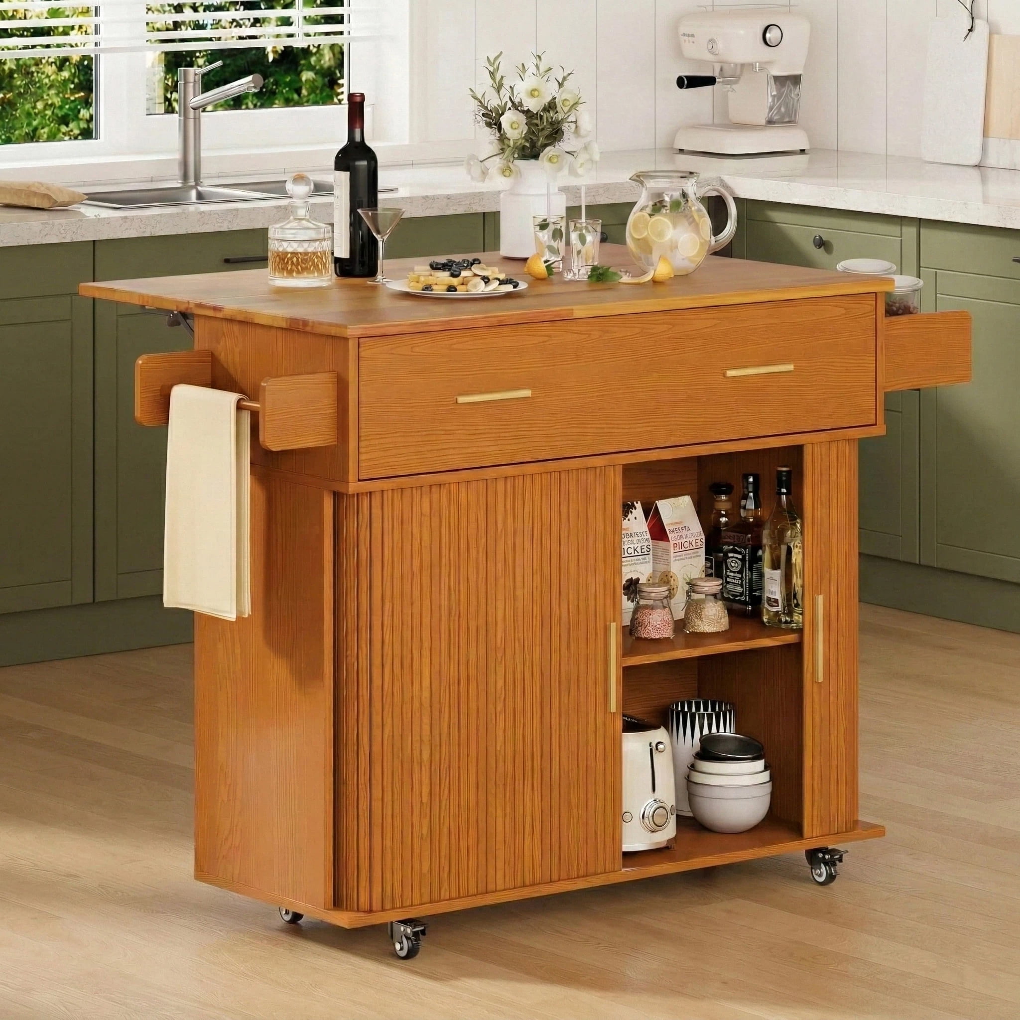 AISWORD Rolling Kitchen Island with Drop Leaf, Sliding Door, Drawers & Spice Rack, Yellow