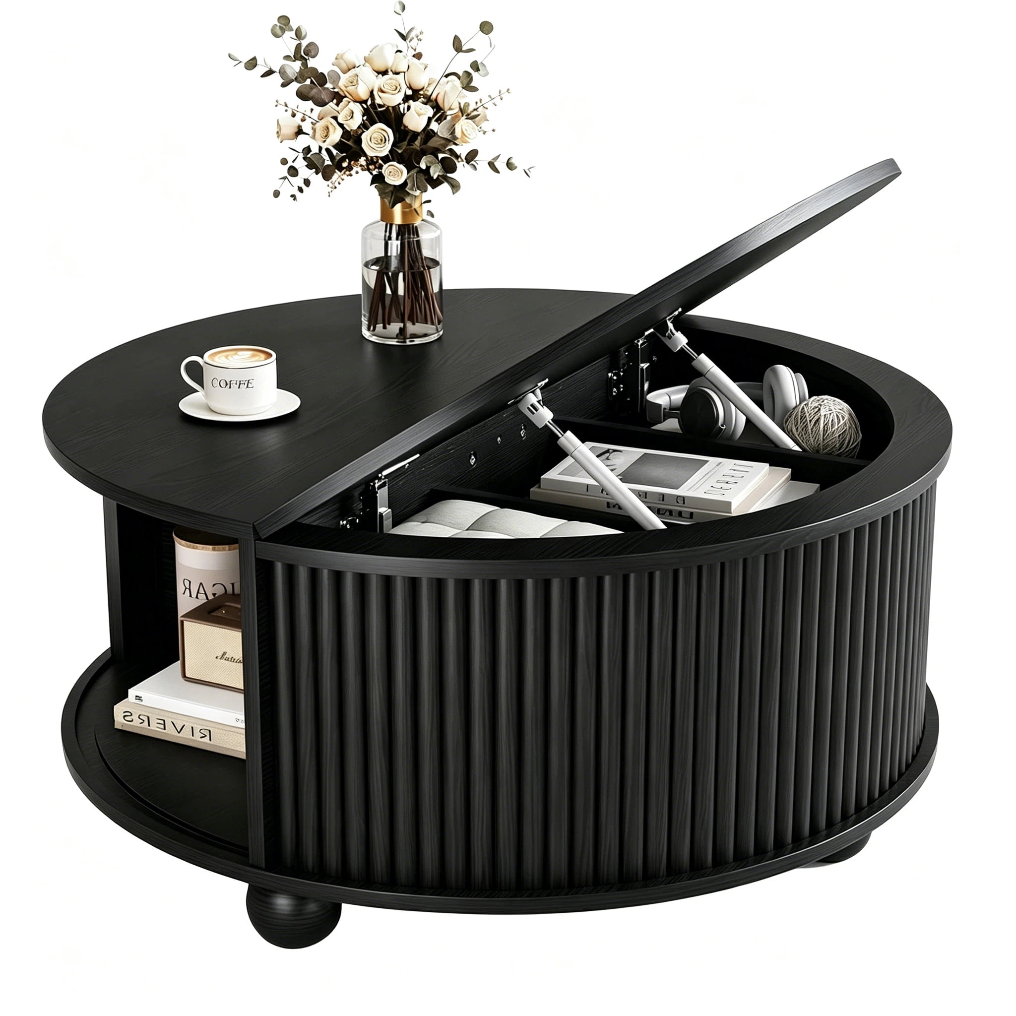 AISWORD 31.5" Fluted Round Coffee Table with Storage, Mid Century Modern Lift Top Drum Accent Table for Living Room Small Space, Black