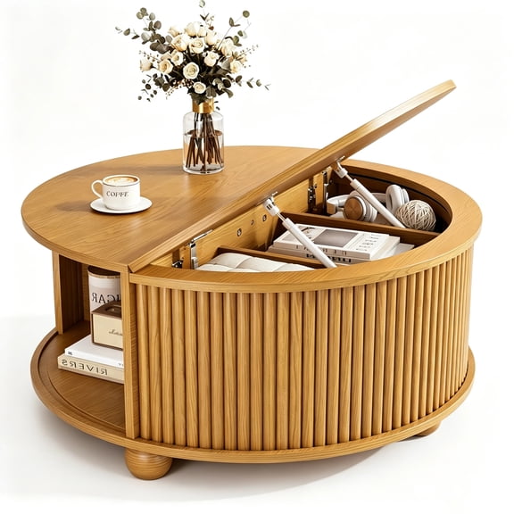 AISWORD 31.5" Fluted Round Coffee Table with Storage, Mid Century Modern Lift Top Drum Accent Table for Living Room Small Space, Yellow