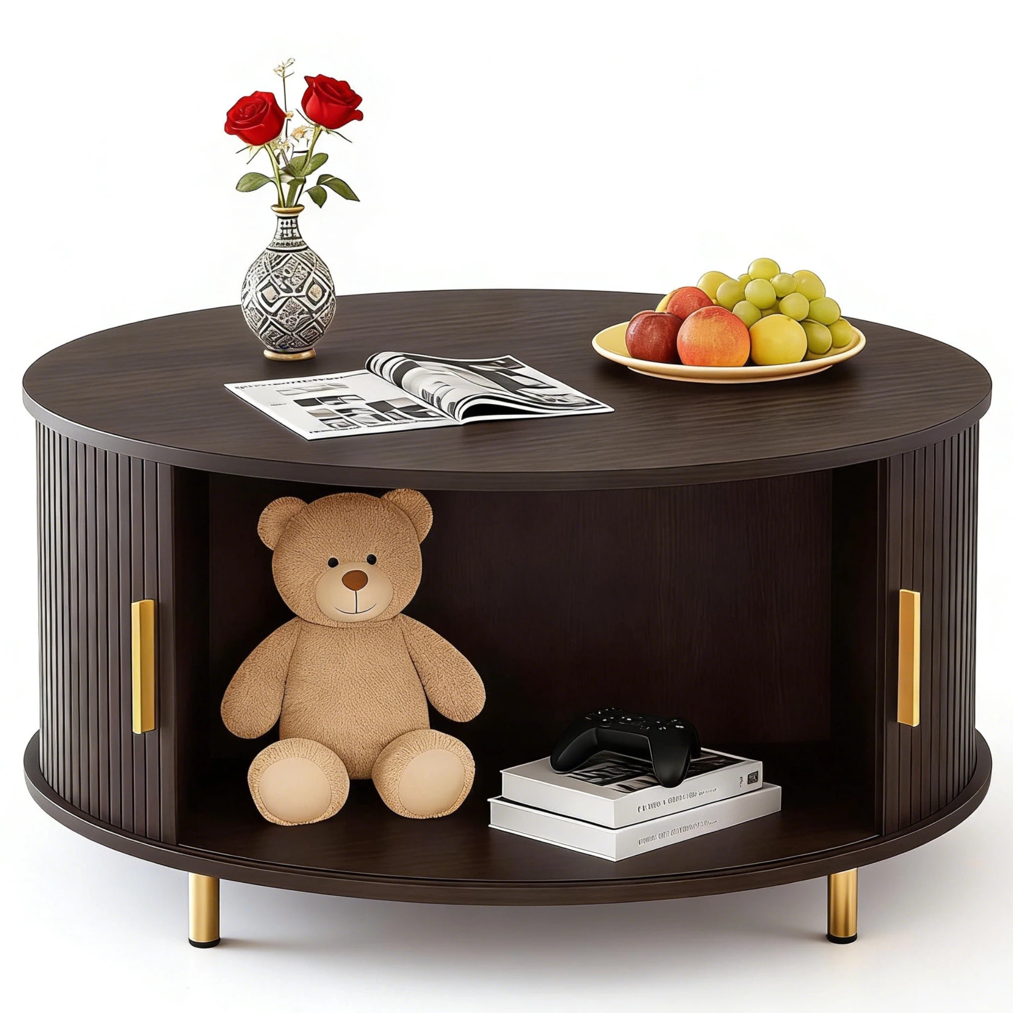 Aisword Round Coffee Table with 360° Sliding Door, Fluted Accent Storage Coffee Table with Adjustable Footpads for Living Room, Brown