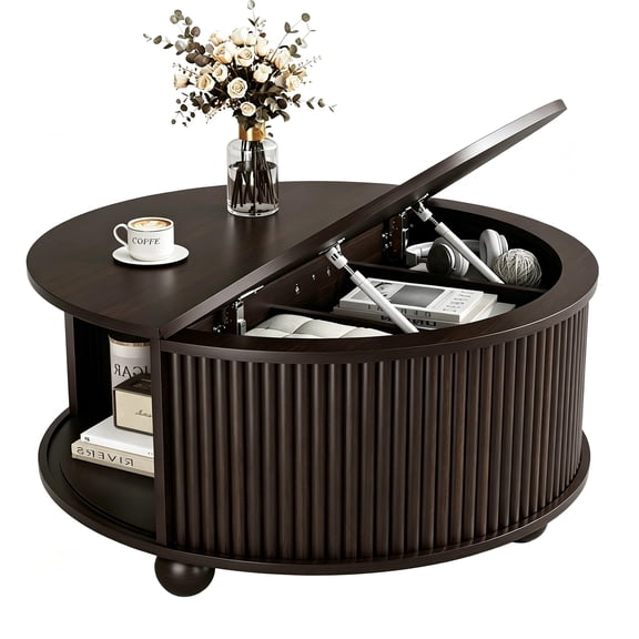 AISWORD 31.5" Fluted Round Coffee Table with Storage, Mid Century Modern Lift Top Drum Accent Table for Living Room Small Space, Brown