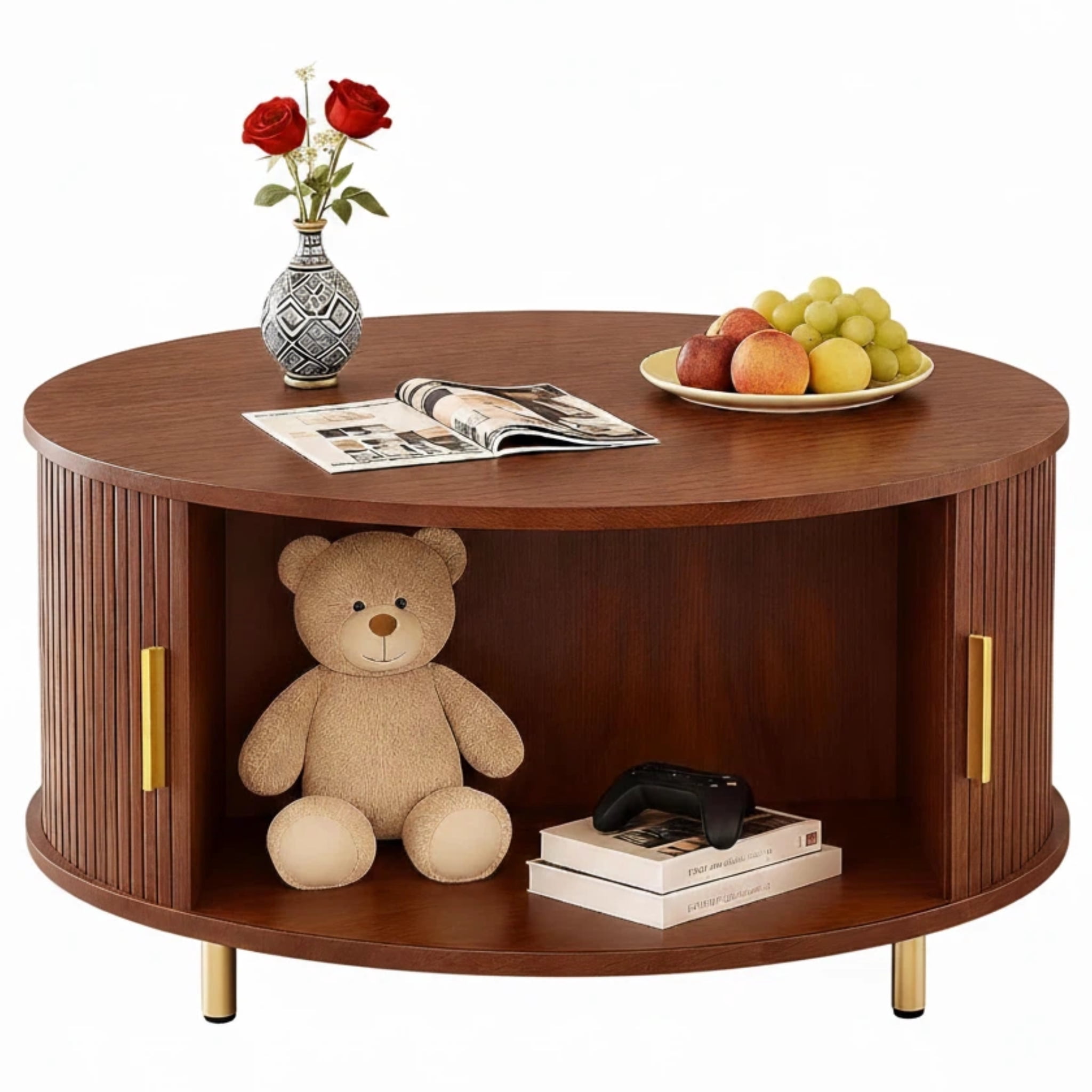 AISWORD Round Coffee Table with 360° Sliding Door, Fluted Accent Storage Coffee Table with Adjustable Footpads for Living Room, Walnut