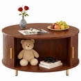 thumbnail image 1 of AISWORD Round Coffee Table with 360° Sliding Door, Fluted Accent Storage Coffee Table with Adjustable Footpads for Living Room, Walnut, 1 of 6