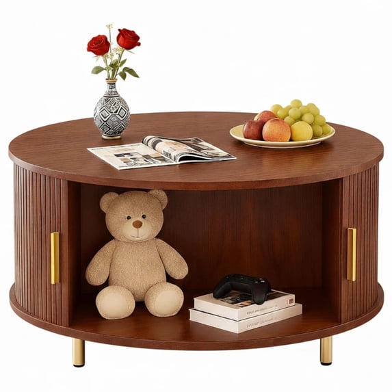 AISWORD Round Coffee Table with 360° Sliding Door, Fluted Accent Storage Coffee Table with Adjustable Footpads for Living Room, Walnut