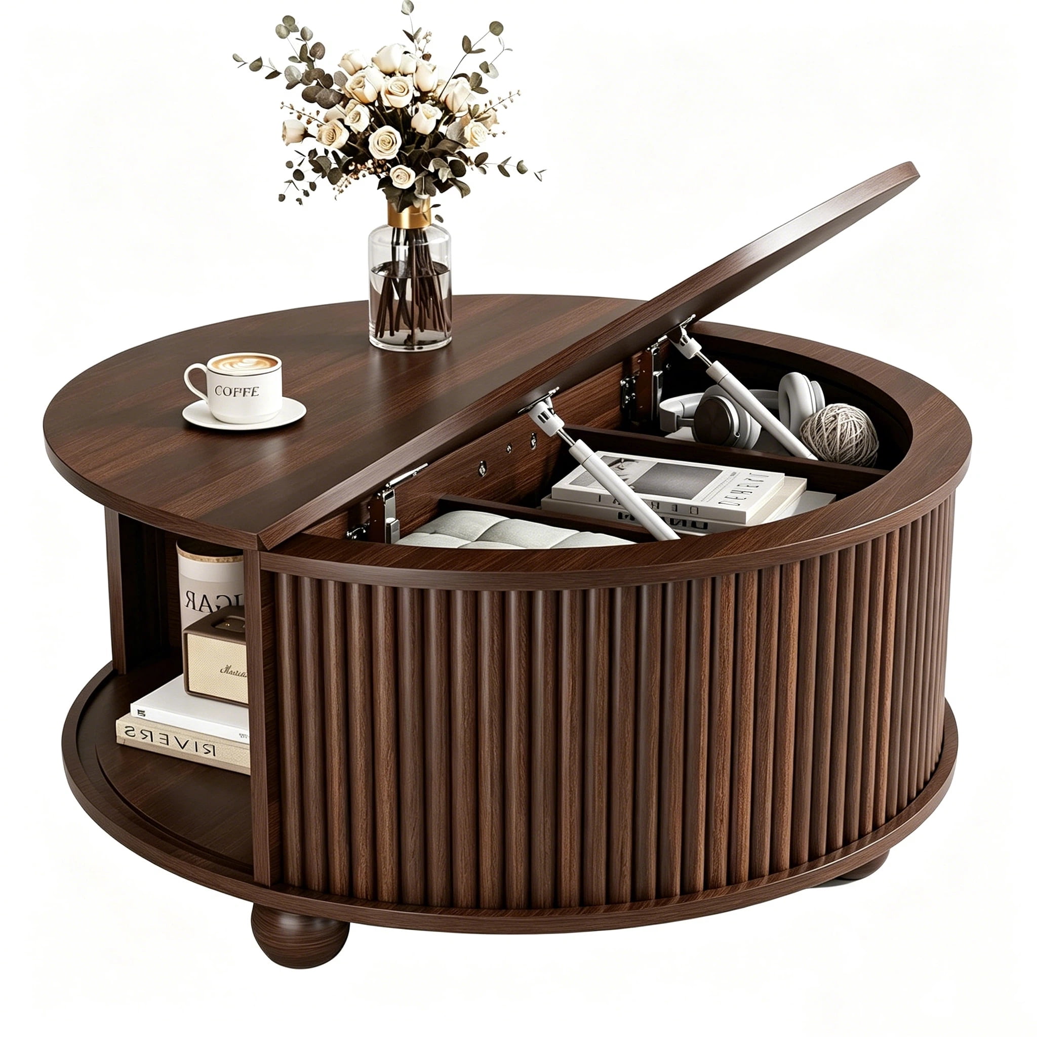 AISWORD 31.5" Fluted Round Coffee Table with Storage, Mid Century Modern Lift Top Drum Accent Table for Living Room Small Space, Walnut