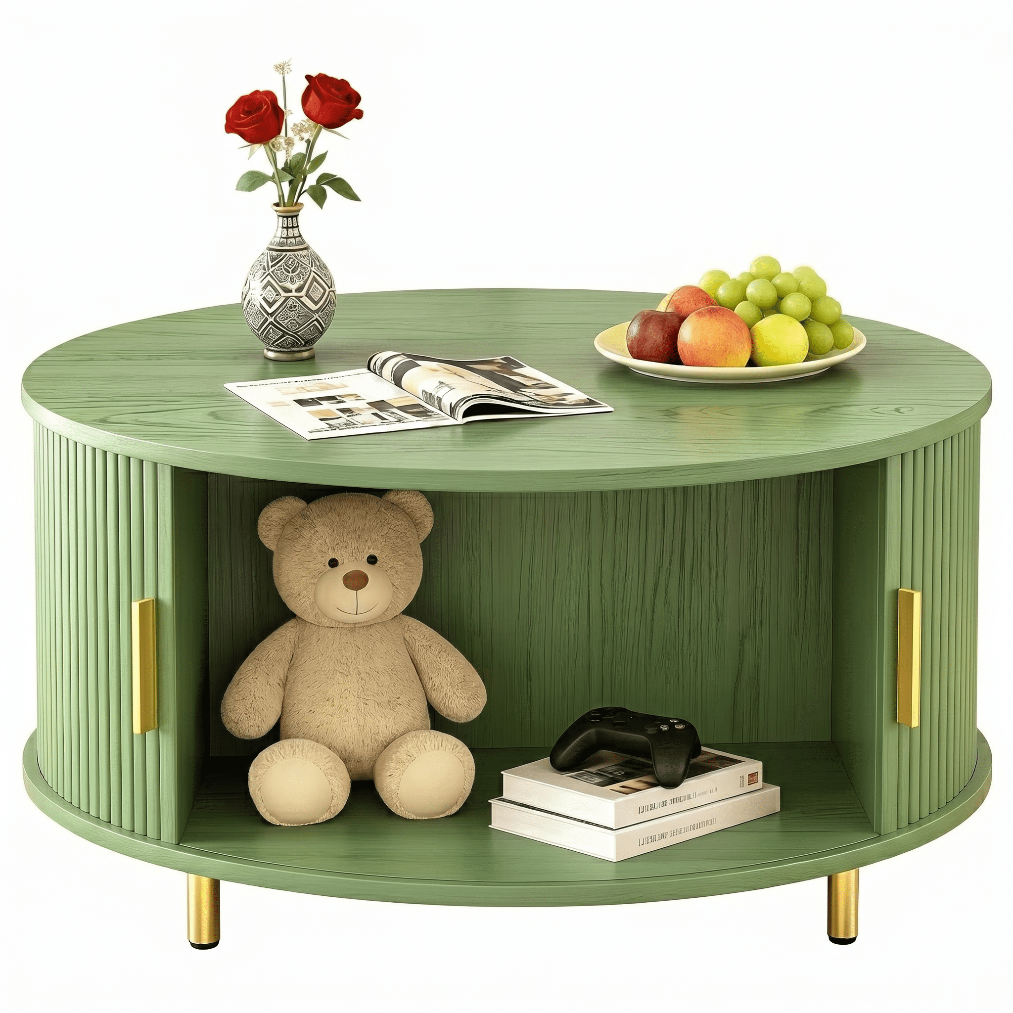 AISWORD Round Coffee Table with 360° Sliding Door, Fluted Accent Coffee Table with Storage Adjustable Footpads for Living Room, Green