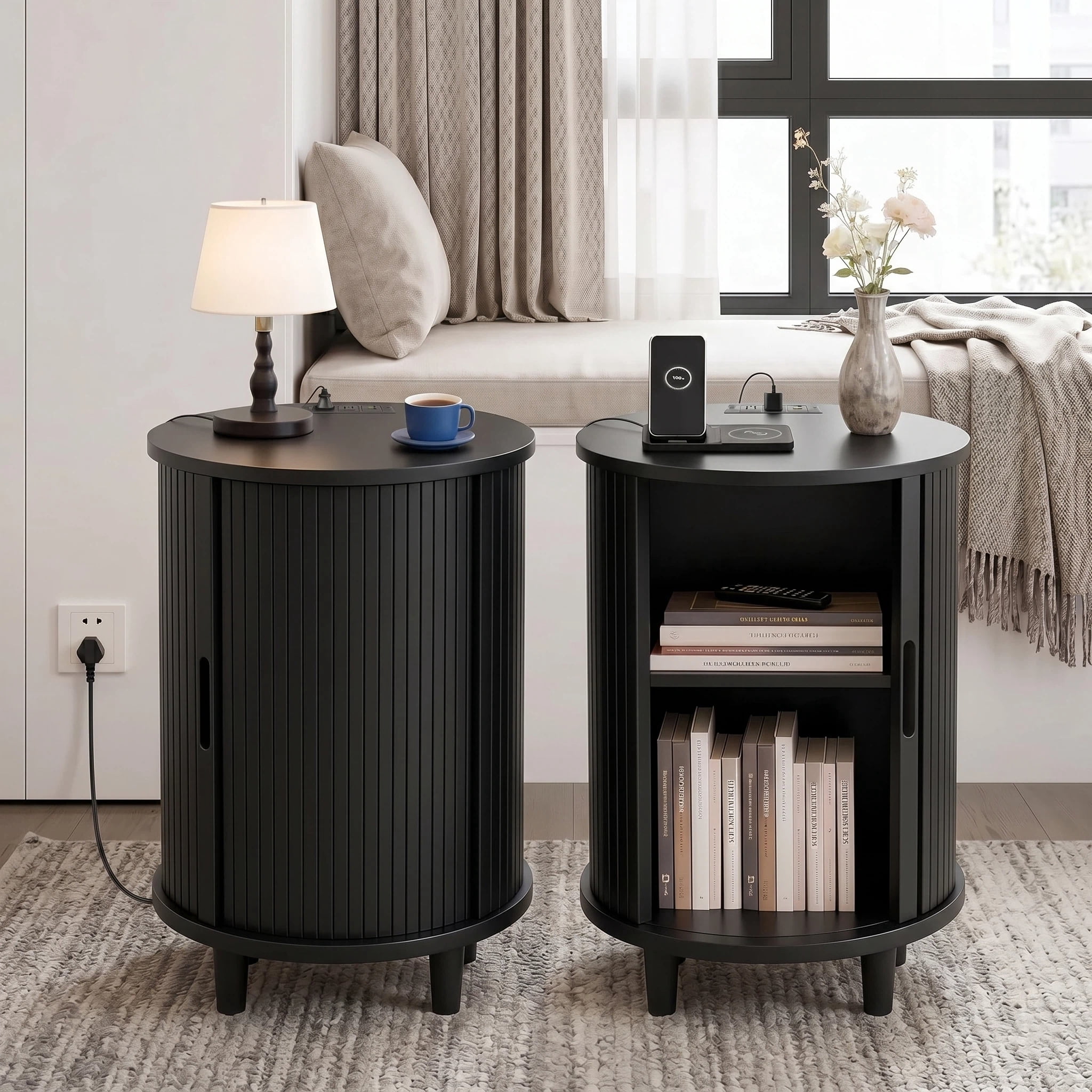 AISWORD Round End Table Set of 2 with Charging Station, Fluted Accent Side Table with Sliding Door and Adjustable Shelf, Nightstand for Small Space, Black