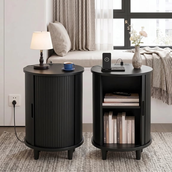 Aisword Round End Table Set of 2 with Charging Station, Fluted Accent Side Table with Sliding Door and Adjustable Shelf, Nightstand for Small Space, Black