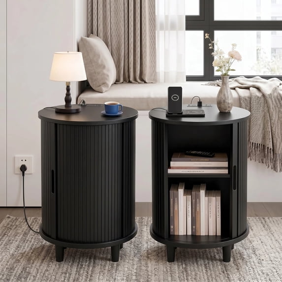 Aisword Round End Table Set of 2 with Charging Station, Fluted Accent Side Table with Sliding Door and Adjustable Shelf, Nightstand for Small Space, Black