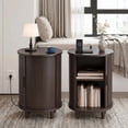 thumbnail image 1 of Aisword Round End Table Set of 2 with Charging Station, Fluted Accent Side Table with Sliding Door and Adjustable Shelf, Nightstand for Small Space, Brown, 1 of 6