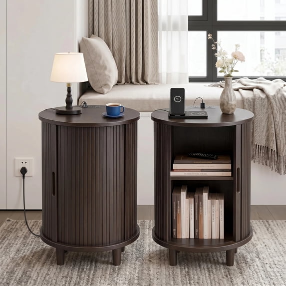 Aisword Round End Table Set of 2 with Charging Station, Fluted Accent Side Table with Sliding Door and Adjustable Shelf, Nightstand for Small Space, Brown