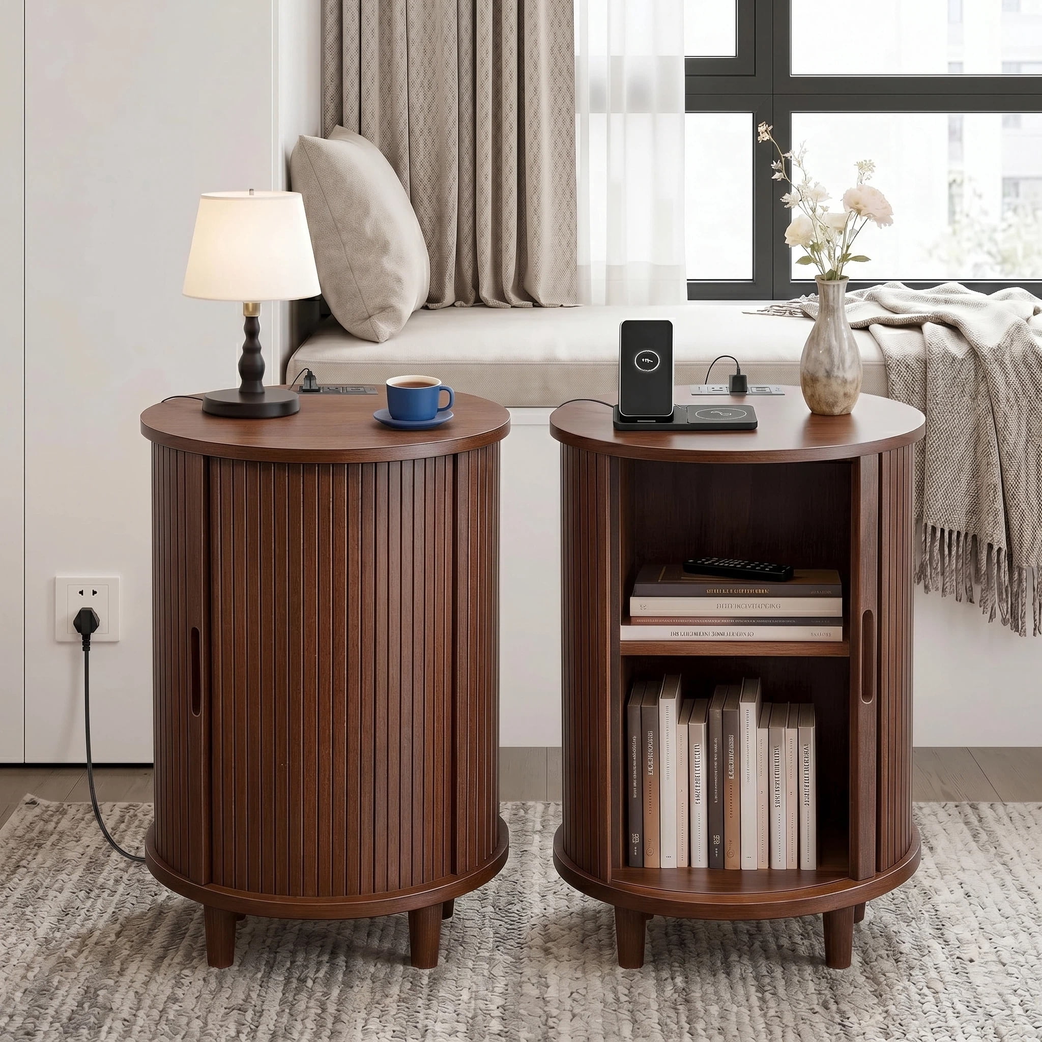 Aisword Round End Table Set of 2 with Charging Station, Fluted Accent Side Table with Sliding Door and Adjustable Shelf, Nightstand for Small Space, Walnut