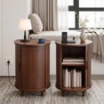 thumbnail image 1 of Aisword Round End Table Set of 2 with Charging Station, Fluted Accent Side Table with Sliding Door and Adjustable Shelf, Nightstand for Small Space, Walnut, 1 of 6