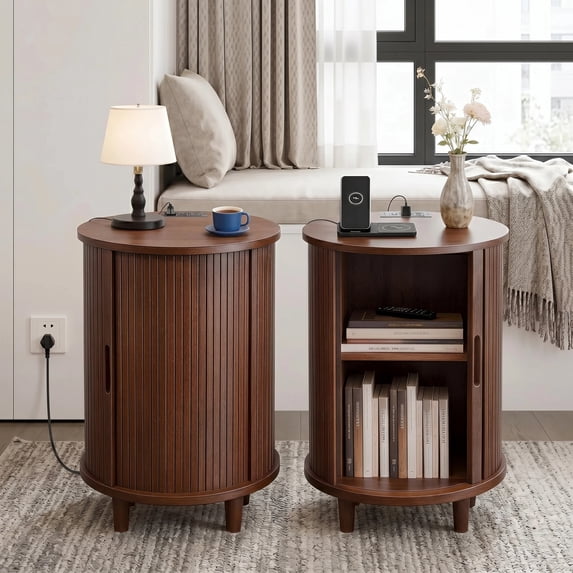 Aisword Round End Table Set of 2 with Charging Station, Fluted Accent Side Table with Sliding Door and Adjustable Shelf, Nightstand for Small Space, Walnut
