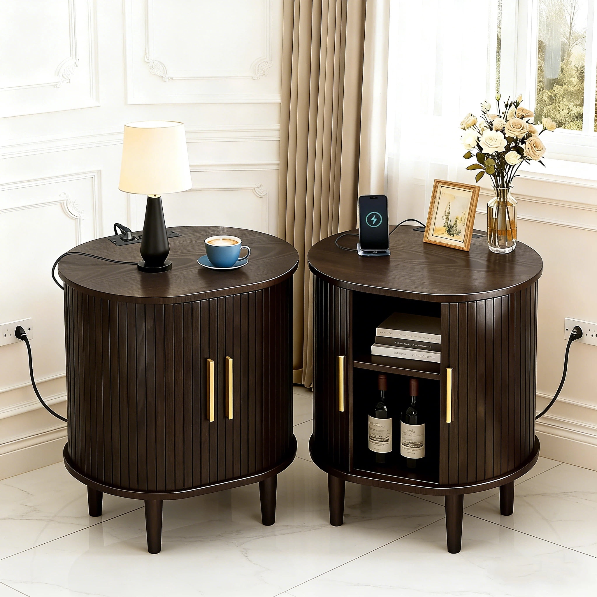 Aisword Nightstand Set of 2 with Charging Station, Fluted Accent Side Table with Sliding Door and Adjustable Shelf, End Table for Small Space, Brown