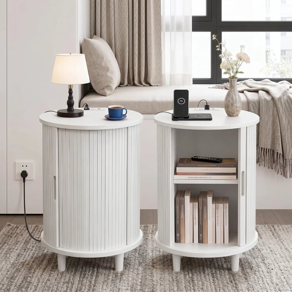 AISWORD Round End Table Set of 2 with Charging Station, Fluted Accent Side Table with Sliding Door and Adjustable Shelf, Nightstand for Small Space, White