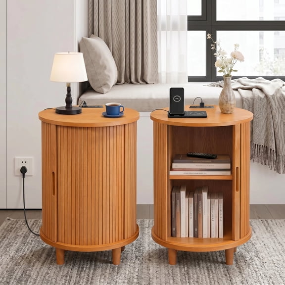 Aisword Round End Table Set of 2 with Charging Station, Fluted Accent Side Table with Sliding Door and Adjustable Shelf, Nightstand for Small Space, Yellow