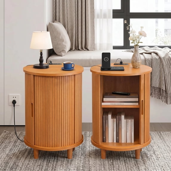 Aisword Round End Table Set of 2 with Charging Station, Fluted Accent Side Table with Sliding Door and Adjustable Shelf, Nightstand for Small Space, Yellow