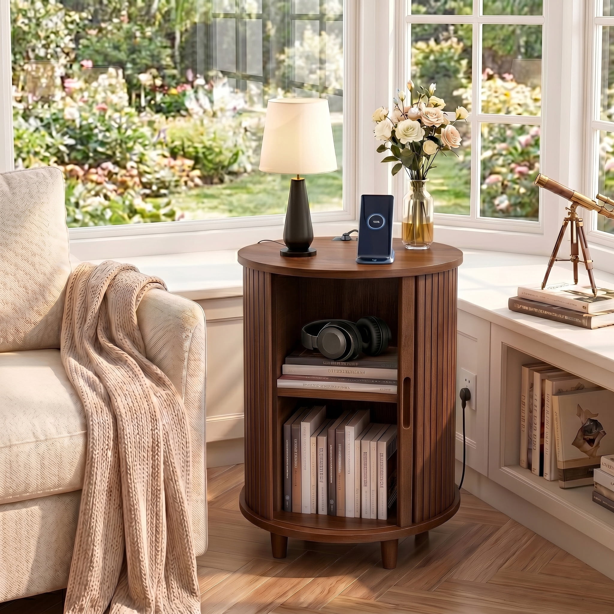 AISWORD Round End Table with Charging Station, Fluted Accent Side Table with Sliding Door and Adjustable Shelf, Nightstand for Small Space, Walnut