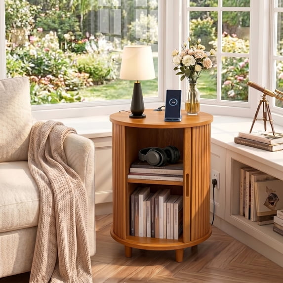 Aisword Round End Table with Charging Station, Fluted Accent Side Table with Sliding Door and Adjustable Shelf, Nightstand for Small Space, Yellow