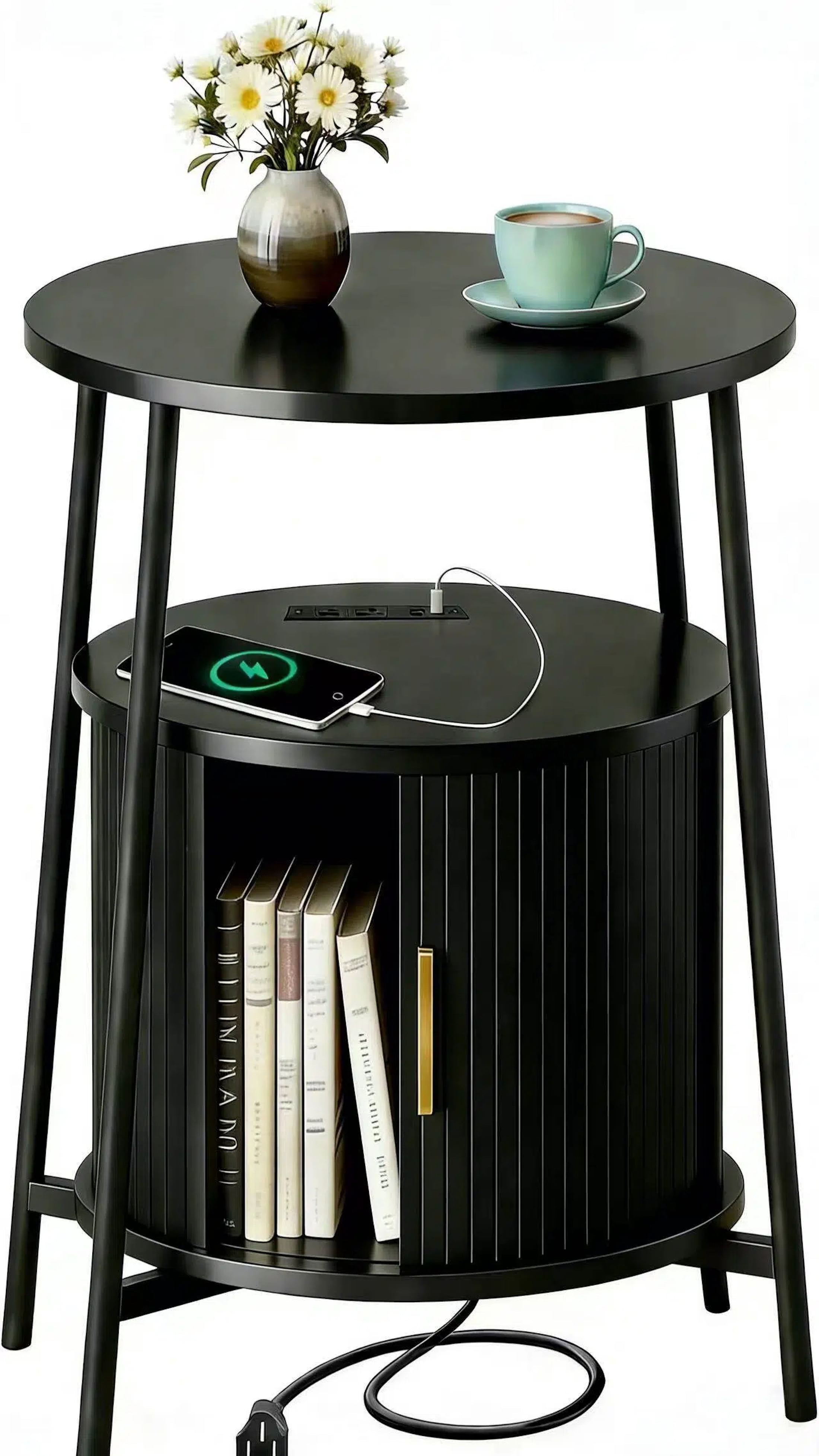 AISWORD Nightstand with Charging Station, Modern Round Bedside Table with Sliding Door Storage, Black