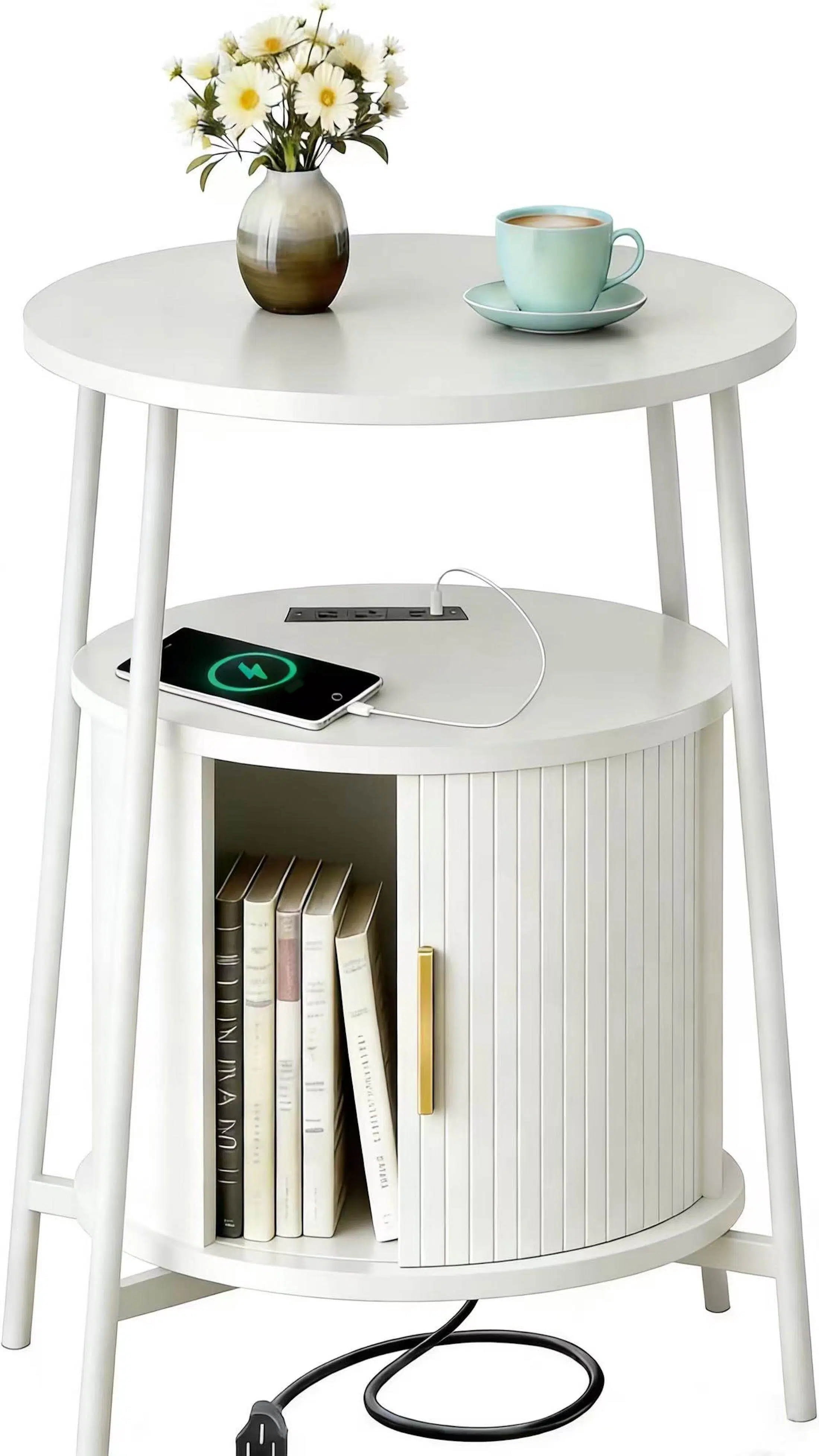 AISWORD Nightstand with Charging Station, Modern Round Bedside Table with Sliding Door Storage, Brown