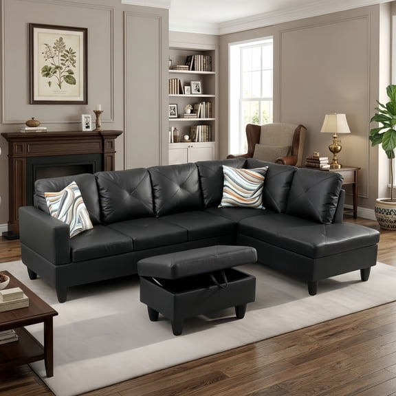 Aisword Sectional Sofa Couch, 97" L-Shaped Living Room Sets with Movable Ottoman & Left Facing Chaise Lounge, Faux Leather, Black