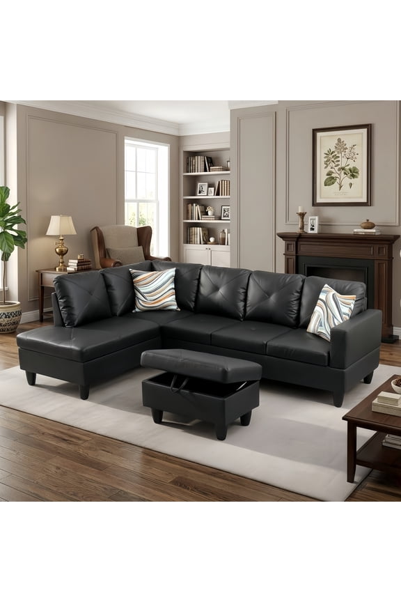 Sectional Sofa Couch, 97" L-Shaped Living Room Sets with Movable Ottoman & Left Facing Chaise Lounge, Faux Leather, Black