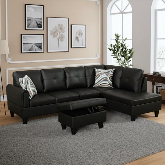 Aisword Sectional Sofa Couch, 97" L-Shaped Living Room Sets with Movable Ottoman & Right Facing Chaise Lounge, Faux Leather, Black